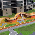 Modern Playground With Curved Slides Colorful Ground Lawns Near Residential Buildings For Kids Outdoor Fun Activities