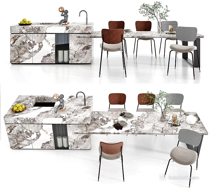 Elegant Dining Table Set With Marble Top Mixed Chairs And Decorative Plants 3d model 