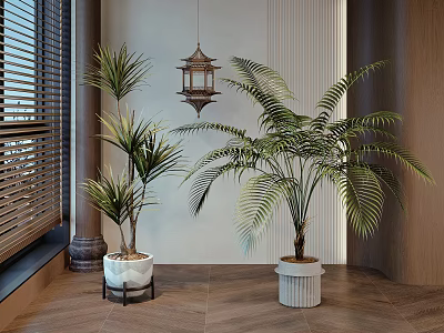 Large Indoor Potted Palm Plants in Modern Room with Wooden Elements and Window Blinds 3d model