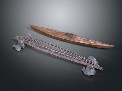 Vintage Wooden Canoe And Frame Structure For Water Transport With Stone Supports 3d model