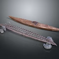 Vintage Wooden Canoe And Frame Structure For Water Transport With Stone Supports