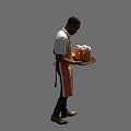Man wearing red and yellow apron carrying tray with beer mugs