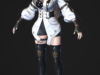 Game Movie Character Wearing Stylish White Coat Black Shorts With Metallic Details And Long Boots 3d model
