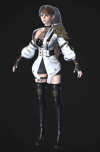 Game Movie Character Wearing Stylish White Coat Black Shorts With Metallic Details And Long Boots 3d model