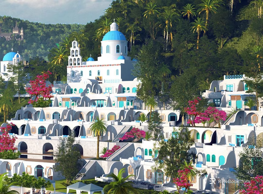 Santorini Style White Buildings With Blue Domes Palm Trees And Flowers On Hillside 3d model 