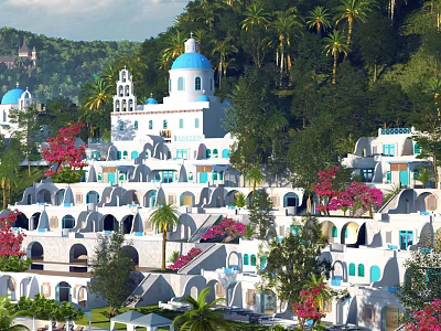Santorini Style White Buildings With Blue Domes Palm Trees And Flowers On Hillside 3d model