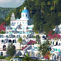 Santorini Style White Buildings With Blue Domes Palm Trees And Flowers On Hillside
