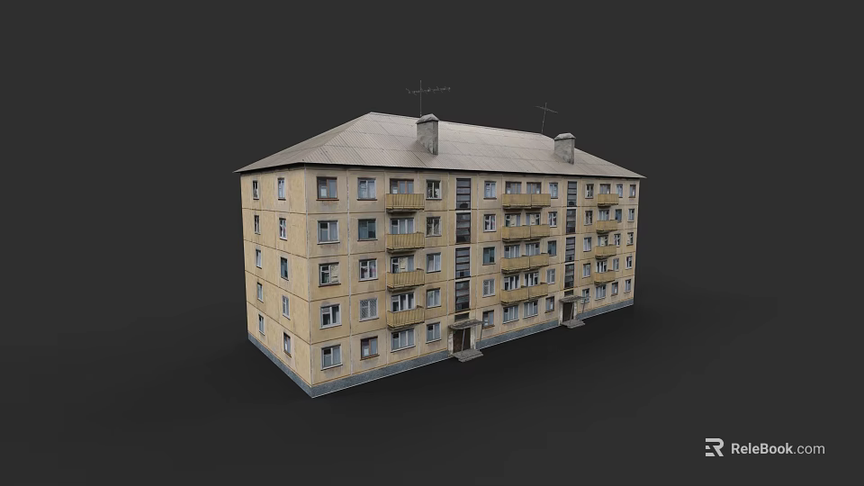 Light Yellow Exterior Apartment Building With Gray Roof Multiple Balconies Windows And Antennas 3d model 