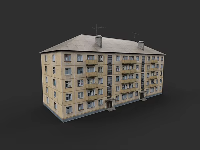 Light Yellow Exterior Apartment Building With Gray Roof Multiple Balconies Windows And Antennas 3d model