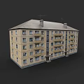 Light Yellow Exterior Apartment Building With Gray Roof Multiple Balconies Windows And Antennas