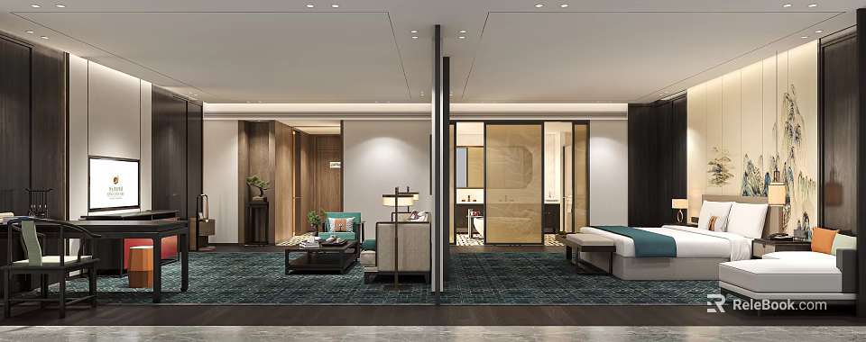 Modern Hotel Room Interior With Bed Sofa Wooden Elements And Glass Partition 3d model 