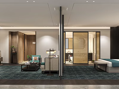 Modern Hotel Room Interior With Bed Sofa Wooden Elements And Glass Partition 3d model
