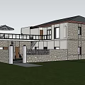 Modern Rural Self Built House With Green Yard Trees Outdoor Patio And Furniture