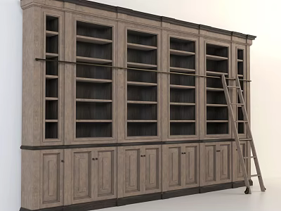 Large Wooden Bookcase Interior Design With Open Shelves Bottom Cabinets And Ladder 3d model