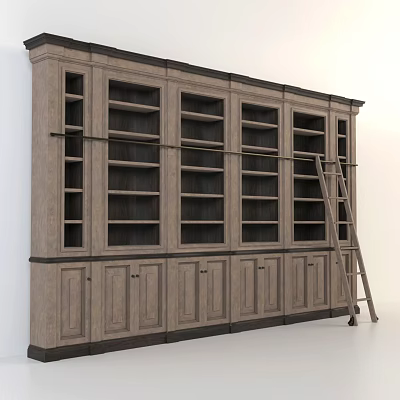 Large Wooden Bookcase Interior Design With Open Shelves Bottom Cabinets And Ladder 3d model