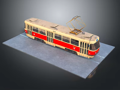 Red And Beige Tram Train With Pantograph On Top Parked On Gray Platform 3d model