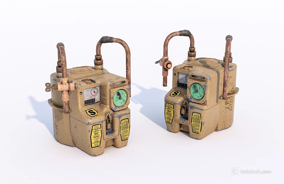 Two Vintage Industrial Equipment Meters With Copper Pipes Green Dials And Yellow Labels 3d model 