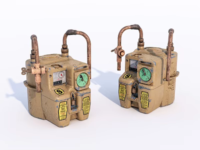 Two Vintage Industrial Equipment Meters With Copper Pipes Green Dials And Yellow Labels 3d model