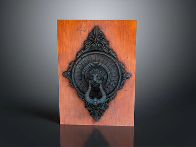 Black Metal Door Knocker With Lion Head Design On Wooden Background And Intricate Carvings 3d model