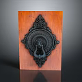 Black Metal Door Knocker With Lion Head Design On Wooden Background And Intricate Carvings