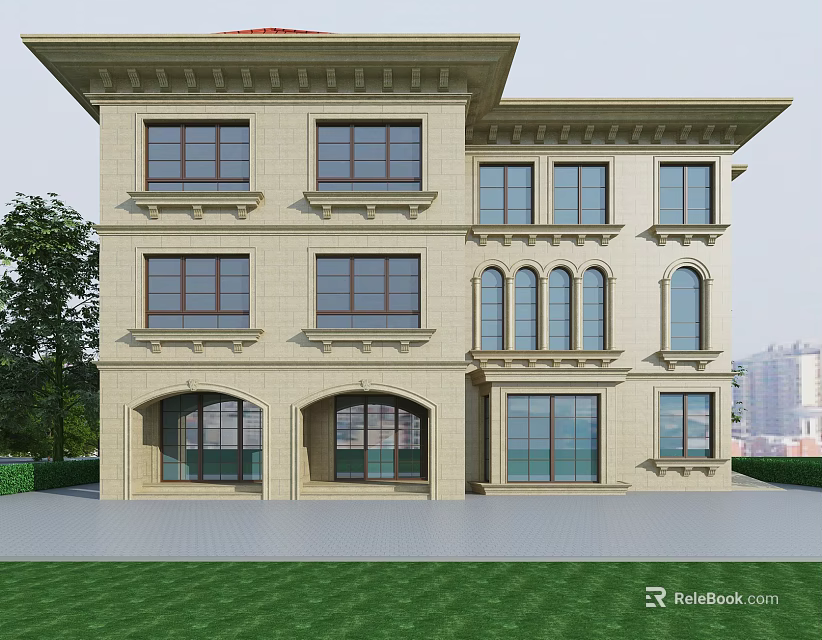 Two Story Detached Villa Featuring Beige Exterior Arched Porch and Green Lawn 3d model 