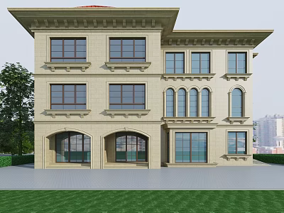 Two Story Detached Villa Featuring Beige Exterior Arched Porch and Green Lawn 3d model