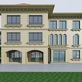 Two Story Detached Villa Featuring Beige Exterior Arched Porch and Green Lawn
