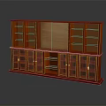 Red Wooden Bookcase Design With Central Marble Panel Cabinet Doors Below Open Shelves Above
