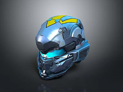 Futuristic Metallic Helmet With Blue And Yellow Mechanical Design Details 3d model