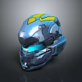 Futuristic Metallic Helmet With Blue And Yellow Mechanical Design Details 3d model