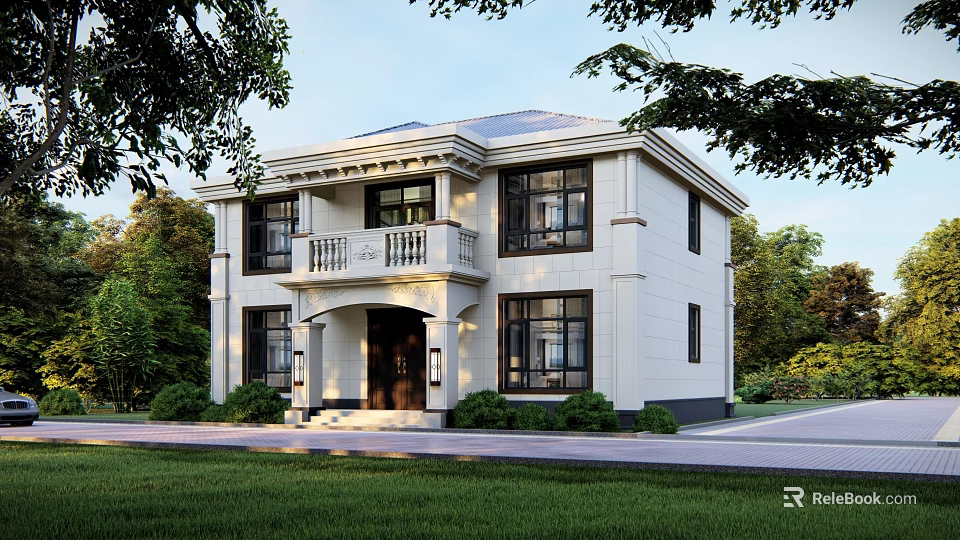 Two Story White Detached Villa With Balcony Columns And Green Surroundings 3d model 