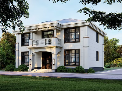 Two Story White Detached Villa With Balcony Columns And Green Surroundings 3d model