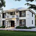 Two Story White Detached Villa With Balcony Columns And Green Surroundings