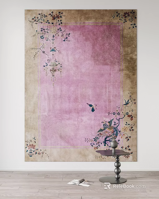 Pink Oriental Rug With Floral Bird Motifs And Decorative Border Design 3d model 