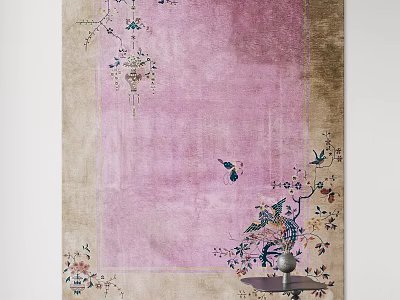 Pink Oriental Rug With Floral Bird Motifs And Decorative Border Design 3d model