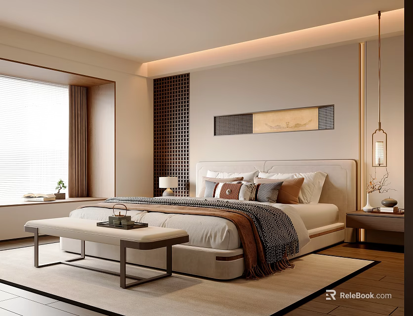 Elegant Modern Bedroom Interior With Large Bed Wall Art And Bench At Foot Of Bed 3d model 