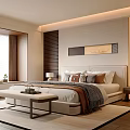 Elegant Modern Bedroom Interior With Large Bed Wall Art And Bench At Foot Of Bed