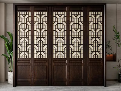 Decorative Dark Wooden Partition With Carved Lattice Panels For Interior Decor 3d model