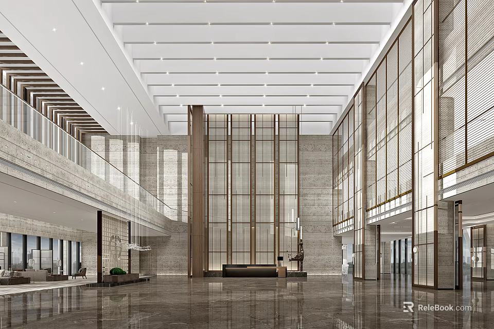 Modern Hotel Lobby Interior Design With High Ceiling Glass Partitions And Marble Flooring 3d model 