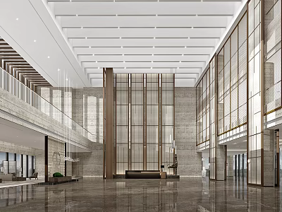 Modern Hotel Lobby Interior Design With High Ceiling Glass Partitions And Marble Flooring 3d model