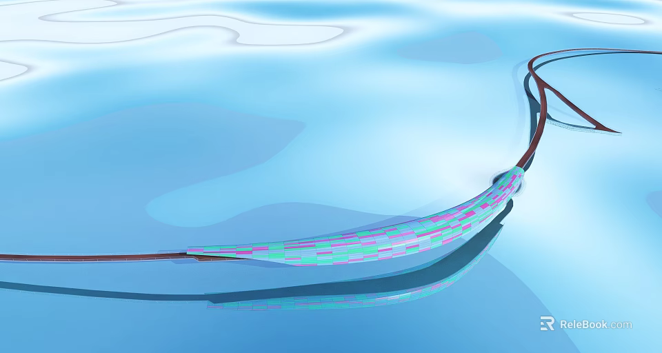 Modern Colorful Patterned Bridge With Curved Design And Blue Water Reflection View 3d model 
