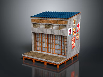 Cartoon Scene of Traditional Japanese Shop With Blue Roof Wooden Windows Red Signs and Wooden Platform 3d model
