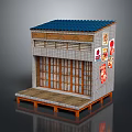 Cartoon Scene of Traditional Japanese Shop With Blue Roof Wooden Windows Red Signs and Wooden Platform