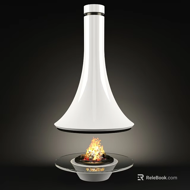 Modern White Flared Shape Fireplace With Suspended Design And Flames On Transparent Circular Base 3d model 