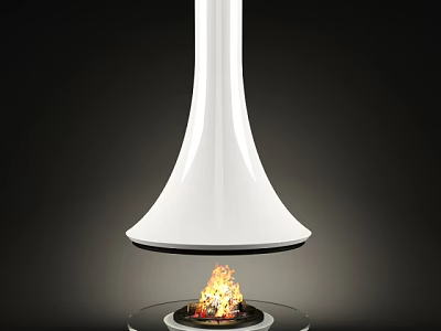 Modern White Flared Shape Fireplace With Suspended Design And Flames On Transparent Circular Base 3d model