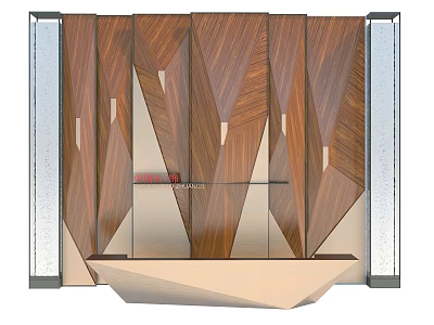 Modern Bar Counter with Geometric Wooden Wall Panels and Glass Accents Light Colored Countertop Design 3d model