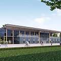 Modern Boutique Guesthouse Building With Open Terrace Green Trees Lawn And People Walking