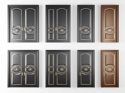 Various Styles of Classic Swing Doors with Black Brown Colors and Gold Accents 3d model