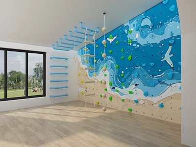 Indoor Sports Equipment Featuring Blue Climbing Wall Ladder And Marine Life Patterns 3d model
