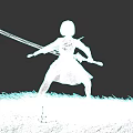 Woman Holding Long Sword In Black Outfit Standing On Green Grass With Dynamic Stance